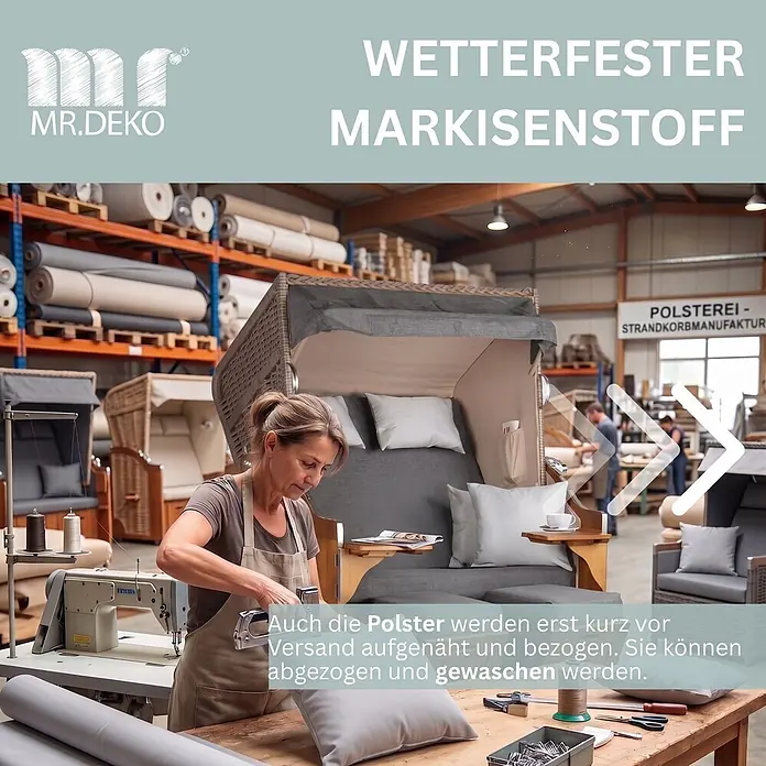 Bene Living Strandstuhl Strandkorb Schleswig Pinie Braun PE Mokka Dessin 558 - 1 Stk., Pinienholz. Polyrattan, Rückenlehne verstellbar, PE Mokka - Wetterfeste, graue Polster für Strandkörbe werden in einer Werkstatt genäht.