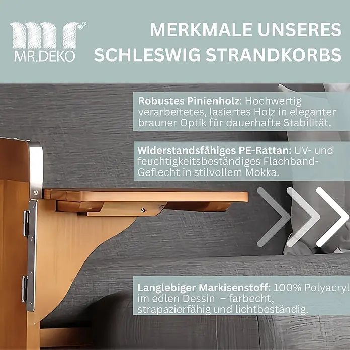 Bene Living Strandstuhl Strandkorb Schleswig Pinie Braun PE Mokka Dessin 558 - 1 Stk., Pinienholz. Polyrattan, Rückenlehne verstellbar, PE Mokka - Detailansicht der Merkmale eines Strandkorbs: Pinienholzablage, PE-Rattan und Markisenstoff.
