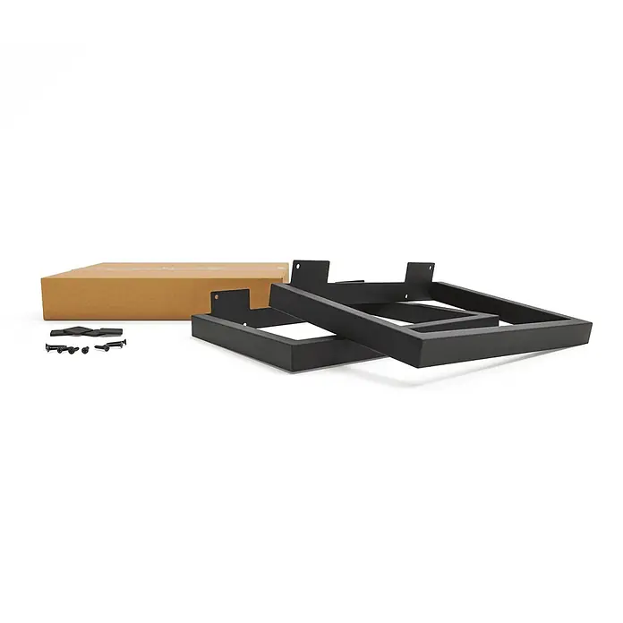 HEVVA Möbelfuß-Set GRAZ - L x B x H: 35 x 3 x 25 cm, Metall, 2 Stk. - Zwei schwarze Tischgestelle aus Metall, eine braune Schachtel und Befestigungsmaterial.