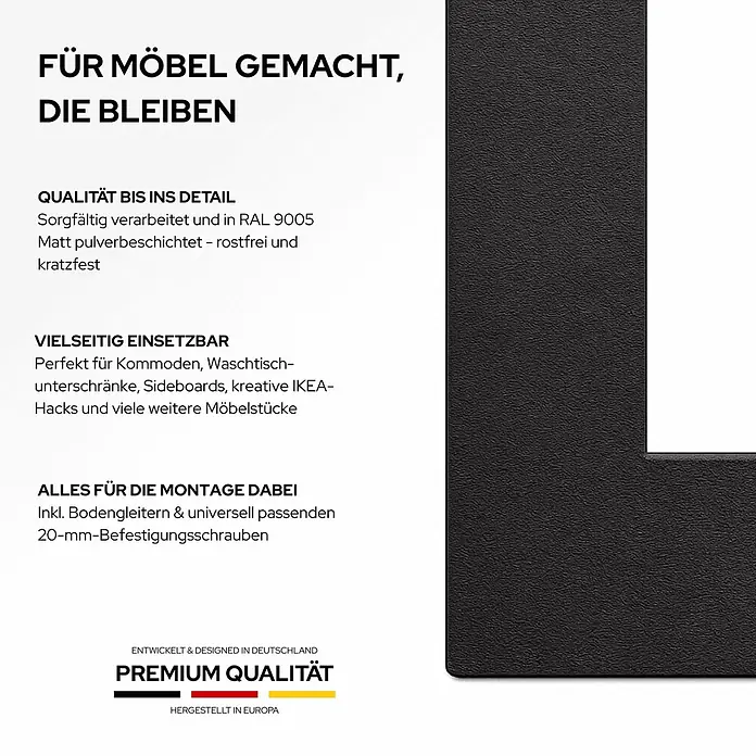 HEVVA Möbelfuß-Set GRAZ - L x B x H: 45 x 3 x 15 cm, Metall, 2 Stk. - Dunkelgraues, matt pulverbeschichtetes, L-förmiges Möbelbein/-gestell mit strukturierter Oberfläche, langlebig und montagefreundlich.