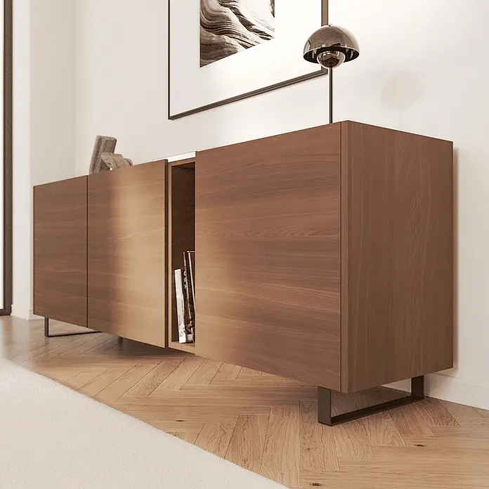 HEVVA Möbelfuß-Set LUXEMBURG - L x B x H: 25 x 4 x 10 cm, Metall, 2 Stk. - Sideboard aus dunklem Holz mit teilweise geöffneter Tür, die Bücher zeigt, auf Metallbeinen in einem modernen Raum.