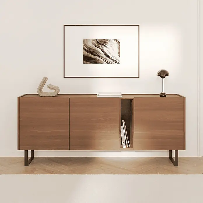 HEVVA Möbelfuß-Set LUXEMBURG - L x B x H: 40 x 4 x 20 cm, Metall, 2 Stk. - Hölzernes Sideboard mit Stau- und Ablagefächern, darüber ein gerahmtes Kunstwerk und Deko.