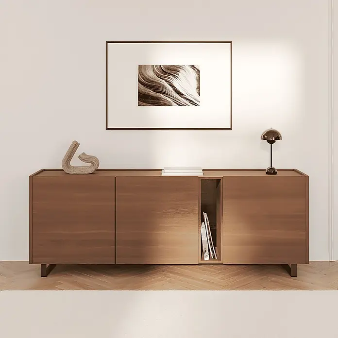 HEVVA Möbelfuß-Set LUXEMBURG - L x B x H: 25 x 4 x 10 cm, Metall, 2 Stk. - Modernes Sideboard aus Holz mit drei Fächern, eines davon offen mit Büchern, in einem Wohnbereich.