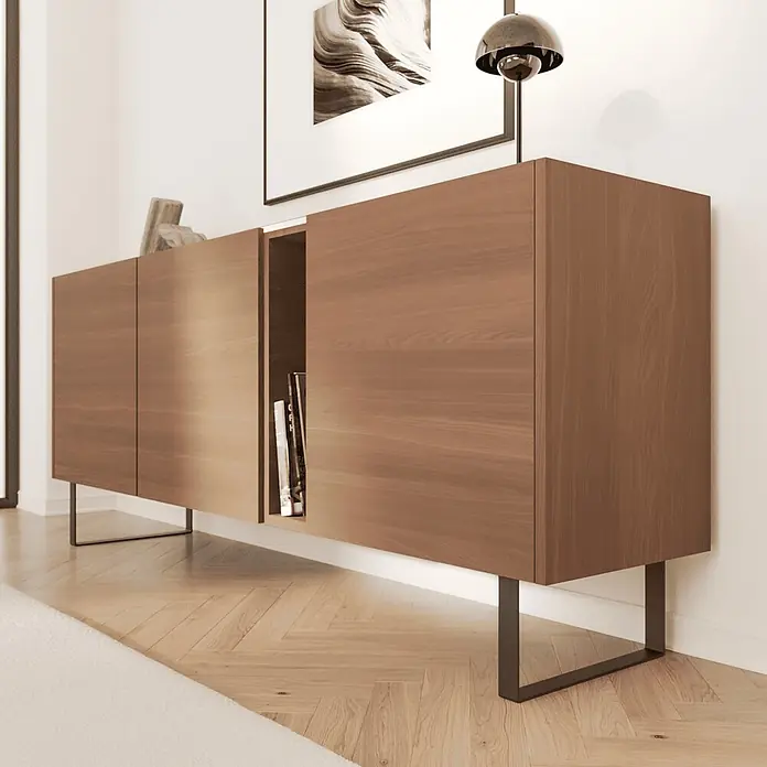 HEVVA Möbelfuß-Set LUXEMBURG - L x B x H: 40 x 4 x 20 cm, Metall, 2 Stk. - Modernes Holzsideboard mit dunklen Beinen und offenem Fach mit Büchern, in einem Wohnraum.