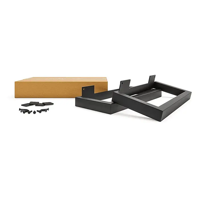 HEVVA Möbelfuß-Set GRAZ - L x B x H: 45 x 3 x 15 cm, Metall, 2 Stk. - Zwei schwarze Metallhalterungen, ein Karton, Schaumstoffpolster und Schrauben zur Möbelmontage.