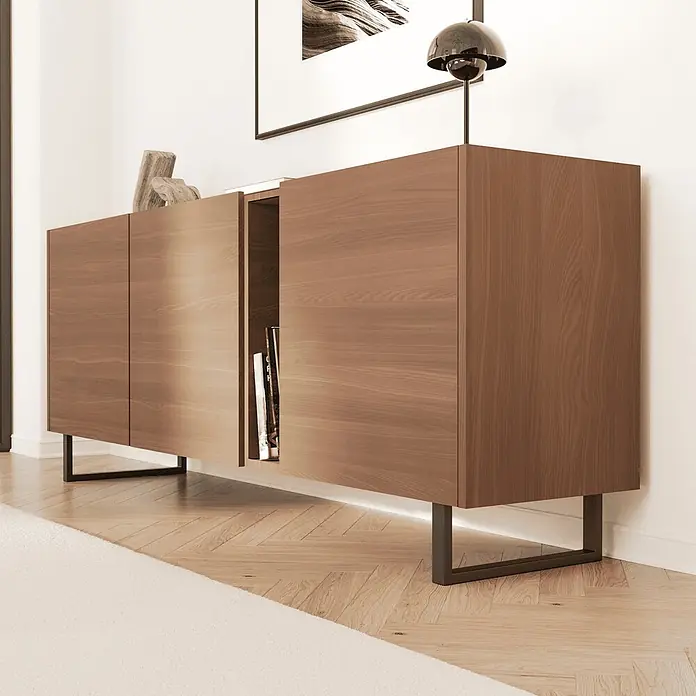 HEVVA Möbelfuß-Set GRAZ - L x B x H: 45 x 3 x 15 cm, Metall, 2 Stk. - Modernes braunes Holz-Sideboard mit schwarzen Metallbeinen und einem offenen Fach mit Büchern, dezent von unten beleuchtet.
