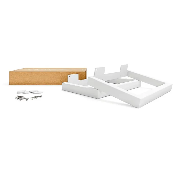 HEVVA Möbelfuß-Set GRAZ - L x B x H: 30 x 3 x 20 cm, Metall, 2 Stk. - Bausatz mit weißen Rahmenbauteilen, Schrauben und braunem Karton.