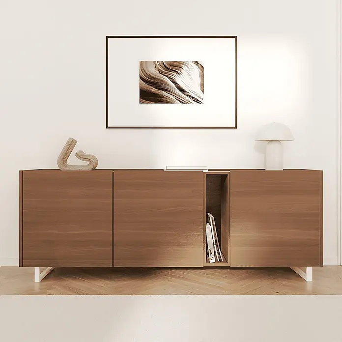 HEVVA Möbelfuß-Set GRAZ - L x B x H: 25 x 3 x 10 cm, Metall, 2 Stk. - Modernes braunes Holz-Sideboard mit weißen Beinen, geschlossenen Fächern und einem offenen Fach für Bücher und Deko.