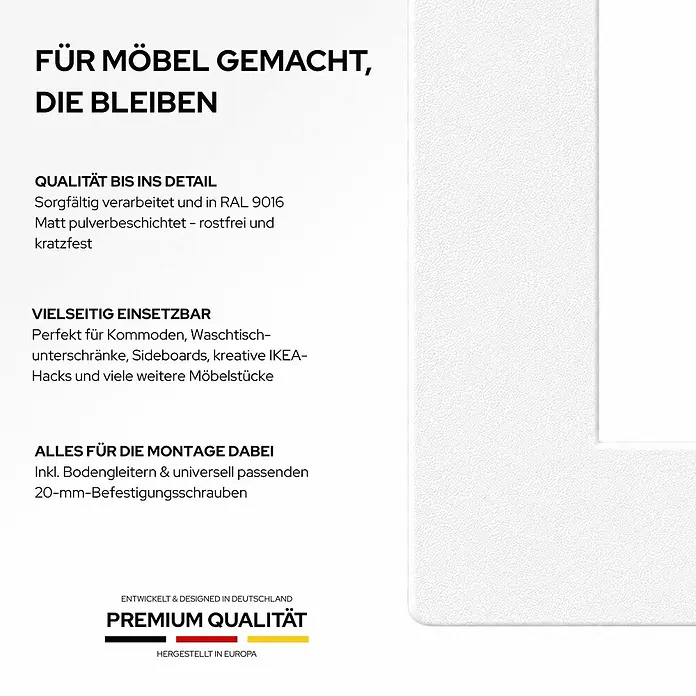 HEVVA Möbelfuß-Set GRAZ - L x B x H: 25 x 3 x 10 cm, Metall, 2 Stk. - Weißes, mattes, strukturiertes Möbelteil. Robust, vielseitig, inkl. Montagezubehör. Premium-Qualität aus Europa.