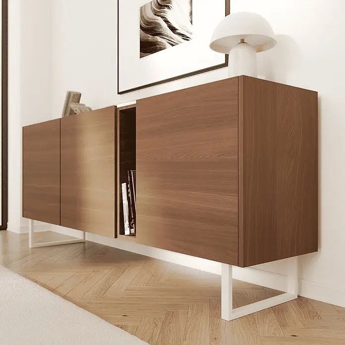 HEVVA Möbelfuß-Set GRAZ - L x B x H: 30 x 3 x 20 cm, Metall, 2 Stk. - Modernes Sideboard aus dunklem Holz mit weißen Metallbeinen, Schiebetüren und einem offenen Fach mit Büchern.