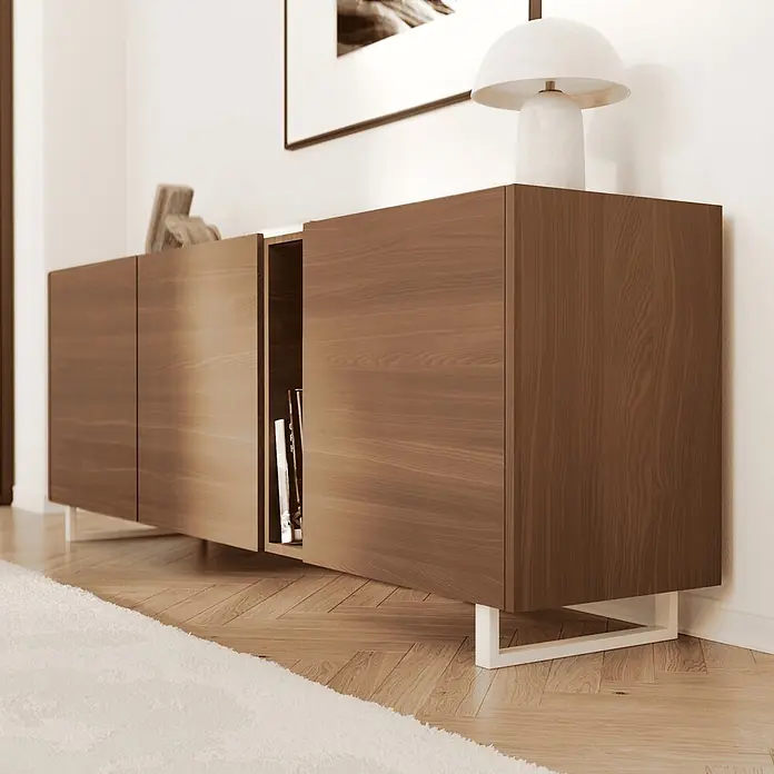 HEVVA Möbelfuß-Set GRAZ - L x B x H: 25 x 3 x 10 cm, Metall, 2 Stk. - Braunes Sideboard aus Holz mit weißen Beinen, eine Schiebetür offenbart den Stauraum.