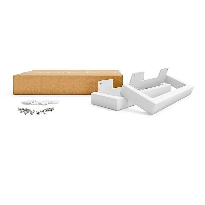 HEVVA Möbelfuß-Set GRAZ - L x B x H: 25 x 3 x 10 cm, Metall, 2 Stk. - Weißes Montage-Hardware-Kit mit Halterungen, Schrauben, kleinen Polstern und einem Karton.