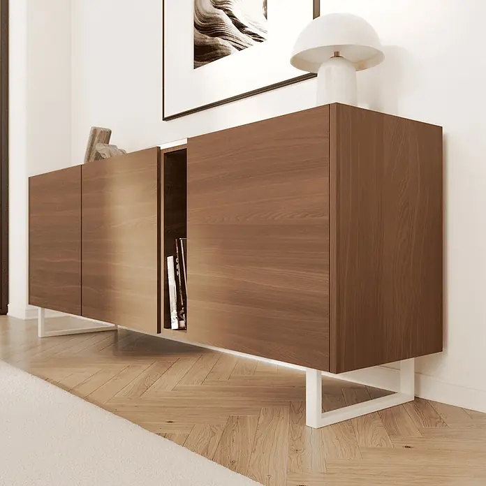 HEVVA Möbelfuß-Set GRAZ - L x B x H: 30 x 3 x 15 cm, Metall, 2 Stk. - Modernes Sideboard aus dunklem Holz mit weißen Metallbeinen und Schiebetüren, eine zeigt Bücher.