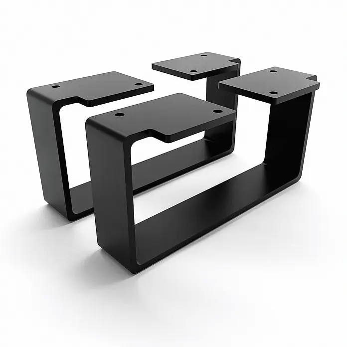 HEVVA Möbelfuß-Set LUXEMBURG - L x B x H: 20 x 4 x 10 cm, Metall, 2 Stk. - Zwei schwarze U-förmige Metallmöbelbeine mit flachen Montageplatten und Schraubenlöchern.