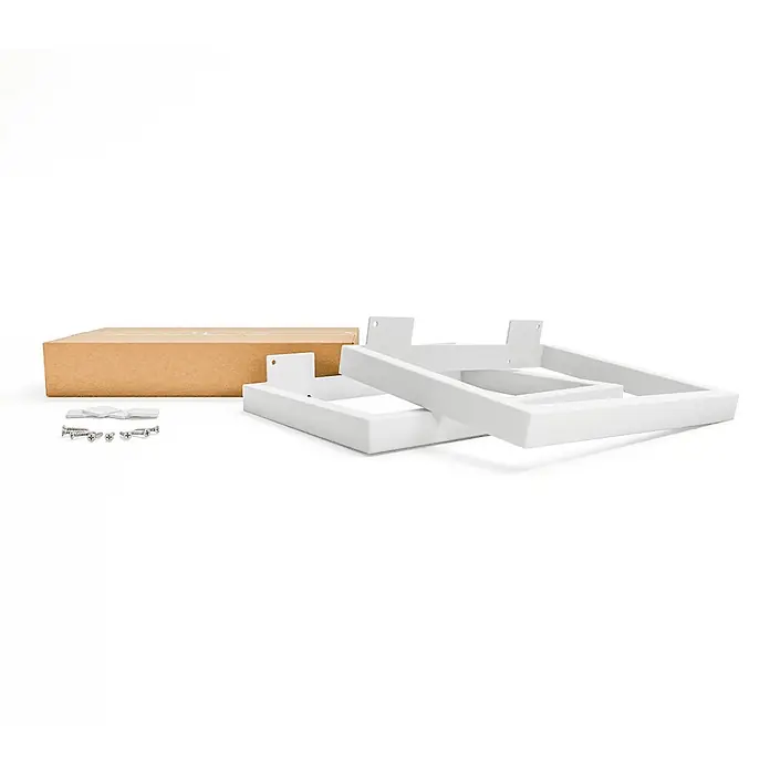 HEVVA Möbelfuß-Set GRAZ - L x B x H: 45 x 3 x 25 cm, Metall, 2 Stk. - Weiße rechteckige Tischbeinrahmen, Schrauben und Pads mit einem braunen Karton, montagefertig.