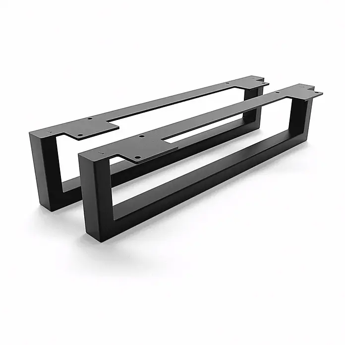 HEVVA Möbelfuß-Set GRAZ - L x B x H: 45 x 3 x 10 cm, Metall, 2 Stk. - Zwei schwarze, rechteckige Metall-Tischbeine mit flachen Montageplatten und vorgebohrten Löchern.