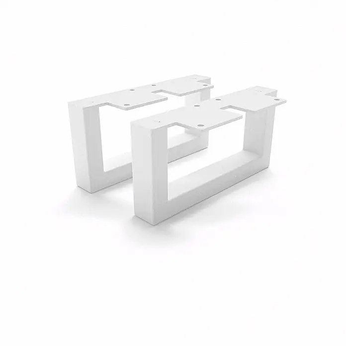 HEVVA Möbelfuß-Set GRAZ - L x B x H: 20 x 3 x 10 cm, Metall, 2 Stk. - Zwei weiße U-förmige Möbelfüße aus Metall mit Montageplatten und Schraublöchern.
