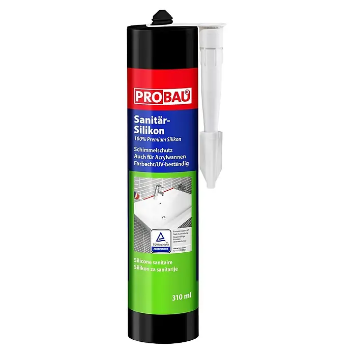 Probau Sanitär-Silikon - Weiß, 310 ml - PROBAU Sanitär-Silikon in schwarz-blau-grüner Kartusche mit weißer Düse, 310ml. 100% Premium, schimmelschutz, farbecht, UV-beständig.
