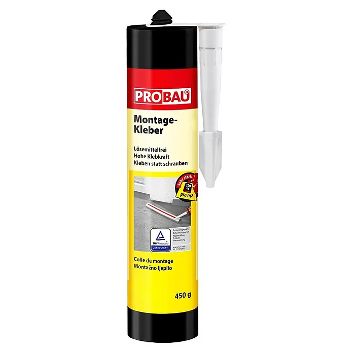 Probau Montagekleber - 450 g - Schwarze, rote und gelbe Tube PROBAU Montagekleber mit weißer Düse, starker, lösungsmittelfreier Klebstoff für verschiedene Oberflächen.