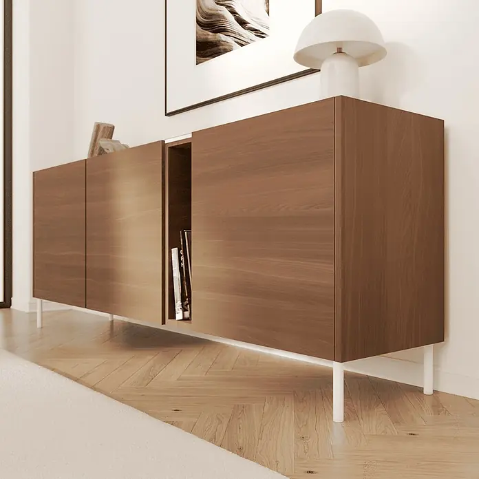 HEVVA 4x Möbelfüße - LINZ - Höhe 10 cm, Rund, Weiß -  - Sideboard aus Holz mit weißen Beinen, offenes Fach mit Büchern, in einem modernen Wohnraum.