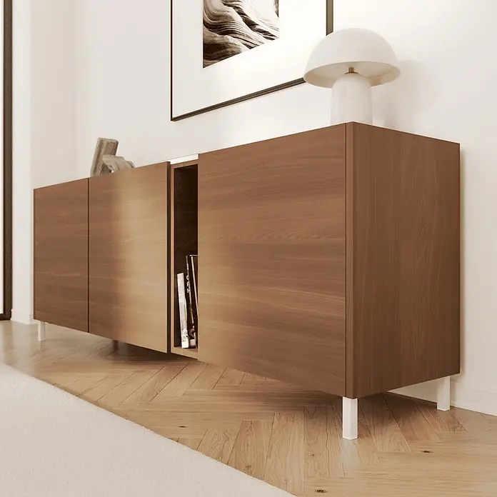 HEVVA 4x Möbelfüße - LUZERN - Höhe 25 cm,Quadratisch, Weiß -  - Holz-Sideboard mit weißen Beinen, ein Fach offen mit Büchern, in einem Wohnraum platziert.