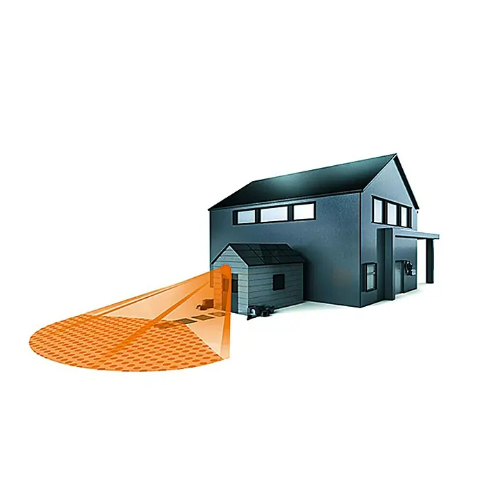 Steinel Sensor de movimiento IS 1 - Alcance sensor: 10 m, Negro, Ángulo de detección sensor: 120 °, L x An x Al: 120 x 80 x 50 mm - La imagen muestra una casa moderna con un sensor de movimiento que ilumina un área frente a la entrada. La ilustración es esquemática e informativa.