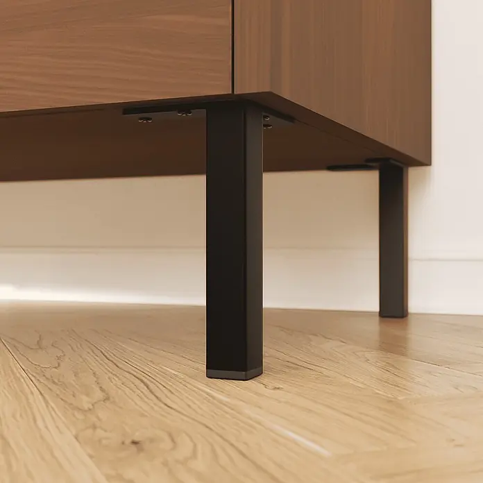 HEVVA 4x Möbelfüße - LUZERN - Höhe 20 cm,Quadratisch, Schwarz -  - Detail eines braunen Holzschranks mit dunklen Metallbeinen auf Holzfußboden.