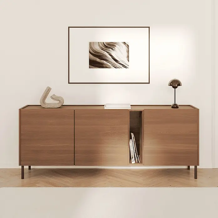 HEVVA 4x Möbelfüße - LUZERN - Höhe 20 cm,Quadratisch, Schwarz -  - Holz-Sideboard mit Deko-Objekten, Büchern und Lampe in modernem Raum.