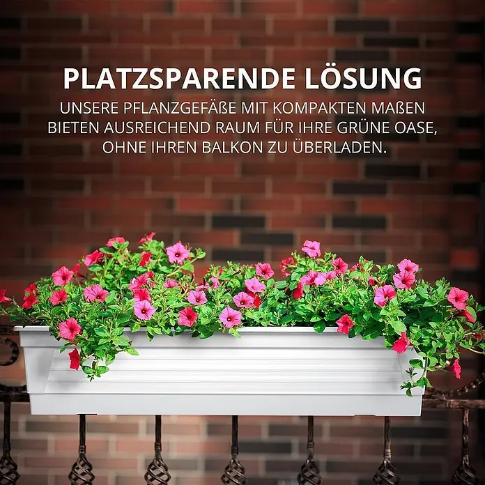 Plastard Pflanzkasten 80 cm Weiß, Pflanzkasten, Balkonkasten - 1 Stk., Außenmaß (L x B x H): 80 x 21 x 17 cm, Kunststoff, Weiß - Weißer rechteckiger Blumenkasten mit rosa Petunien, montiert an einem dunklen Metallbalkongeländer vor einer Ziegelwand, als platzsparende Pflanzenlösung.