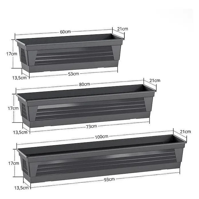 Plastard Pflanzkasten 100 cm Anthrazit, Pflanzkasten, Balkonkasten - 1 Stk., Außenmaß (L x B x H): 100 x 21 x 17 cm, Kunststoff, Anthrazit - Drei graue rechteckige Blumenkästen aus Kunststoff in verschiedenen Größen, mit Maßen.