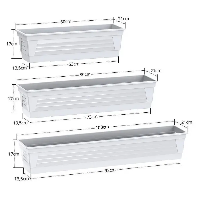 Plastard Pflanzkasten 80 cm Weiß, Pflanzkasten, Balkonkasten - 1 Stk., Außenmaß (L x B x H): 80 x 21 x 17 cm, Kunststoff, Weiß - Weiße rechteckige Blumenkästen in drei Größen mit Maßen.