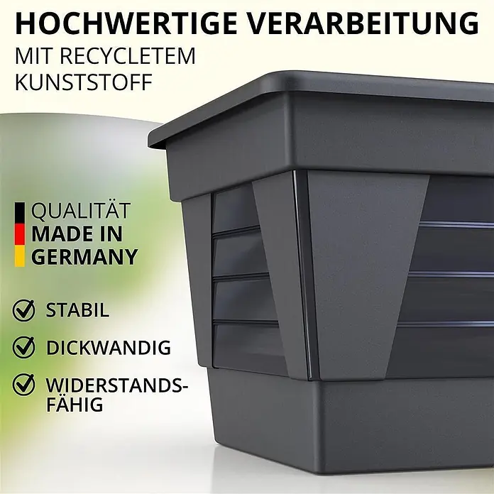 Plastard Pflanzkasten 100 cm Anthrazit, Pflanzkasten, Balkonkasten - 1 Stk., Außenmaß (L x B x H): 100 x 21 x 17 cm, Kunststoff, Anthrazit - Ein dunkelgrauer, dickwandiger Komposter aus recyceltem Kunststoff. Er zeichnet sich durch ein robustes, langlebiges Design aus.