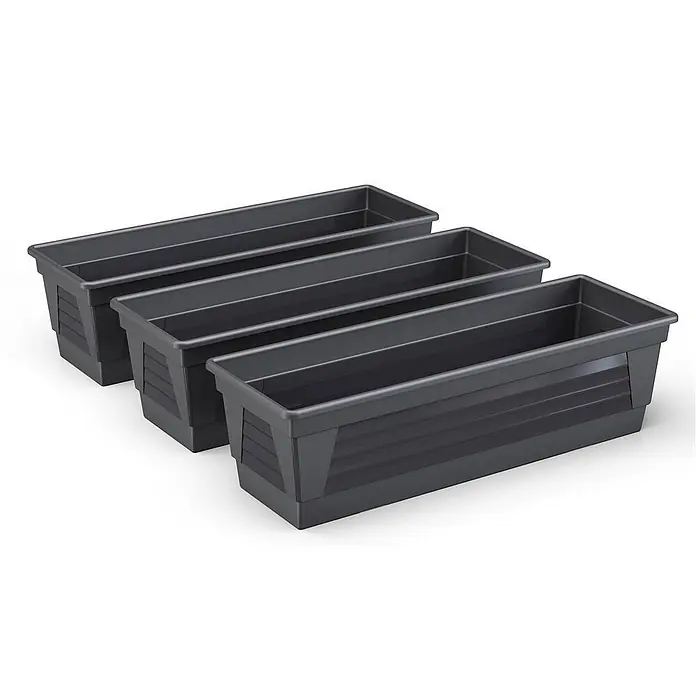 Plastard Pflanzkasten 3er Set 60 cm Anthrazit, Pflanzkasten, Balkonkasten - 3 Stk., Außenmaß (L x B x H): 60 x 21 x 17 cm, Kunststoff, Anthrazit - Drei dunkelgraue rechteckige Kunststoff-Pflanzkästen.