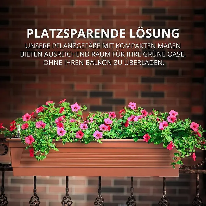 Plastard Pflanzkasten 80 cm Terrakotta - Balkonkasten & Bewässerungssystem - 1 Stk., Außenmaß (L x B x H): 80 x 21 x 17 cm, Kunststoff, Terrakotta - Brauner Blumenkasten mit rosa Blumen, auf einem Balkongeländer vor einer Ziegelwand montiert.