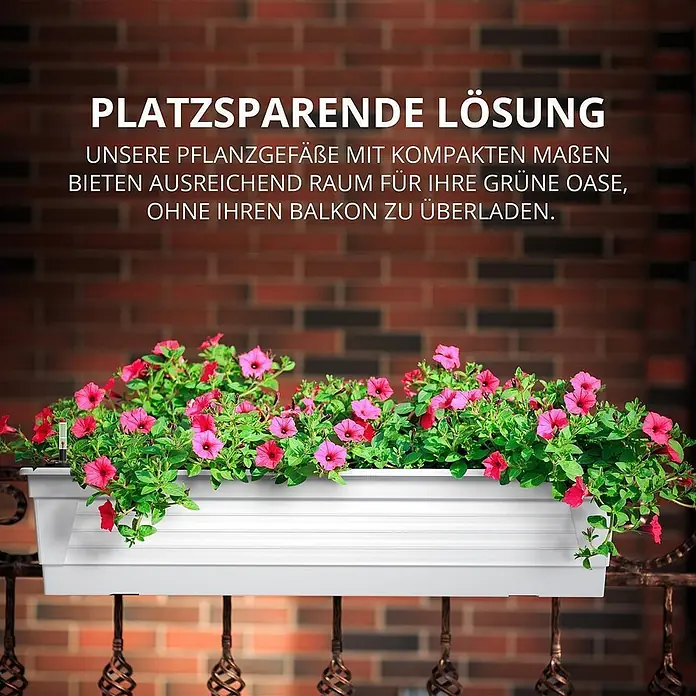 Plastard Pflanzkasten 100 cm Weiß - Balkonkasten mit Bewässerungssystem - 1 Stk., Außenmaß (L x B x H): 100 x 21 x 17 cm, Kunststoff, Weiß - Weißer rechteckiger Balkonkasten mit rosa/roten Blumen, an dunklem Geländer montiert. Platzsparende Lösung für begrünte Balkone.