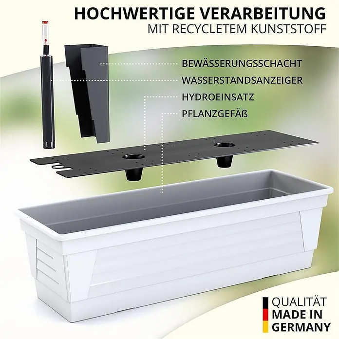 Plastard Pflanzkasten 100 cm Weiß - Balkonkasten mit Bewässerungssystem - 1 Stk., Außenmaß (L x B x H): 100 x 21 x 17 cm, Kunststoff, Weiß - Weißer Pflanzkasten mit Selbstbewässerungssystem-Komponenten aus recyceltem Kunststoff.