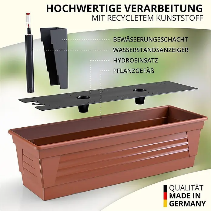 Plastard Pflanzkasten 80 cm Terrakotta - Balkonkasten & Bewässerungssystem - 1 Stk., Außenmaß (L x B x H): 80 x 21 x 17 cm, Kunststoff, Terrakotta - Brauner Pflanzkasten mit Selbstbewässerungssystem, Komponenten aus recyceltem Kunststoff in Explosionsansicht.