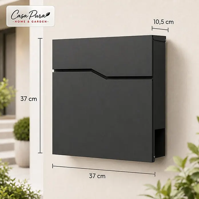 Floordirekt Wandbriefkasten Pascal - L x B x H: 10,5 x 37 x 37 cm, Anthrazit, Stahl, Zeitungsfach - Ein moderner, dunkelgrauer Metallbriefkasten mit eckigem Design, wandmontiert. Er misst 37 cm Breite, 37 cm Höhe und 10,5 cm Tiefe.