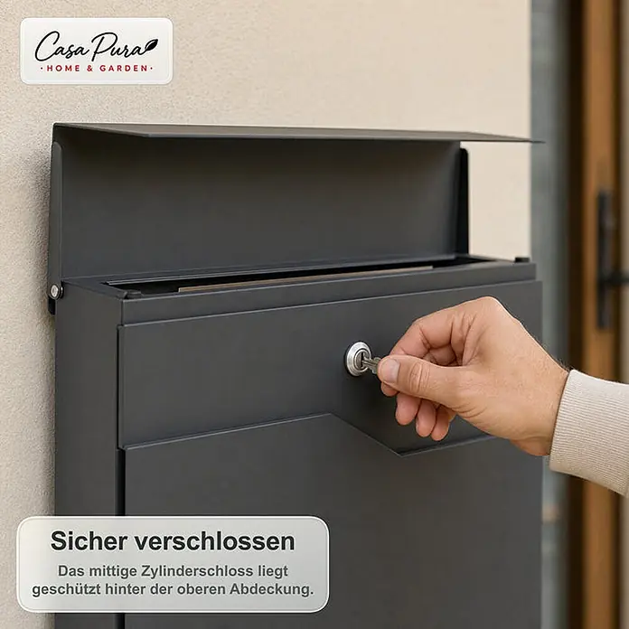 Floordirekt Wandbriefkasten Pascal - L x B x H: 10,5 x 37 x 37 cm, Anthrazit, Stahl, Zeitungsfach - Dunkelgrauer Briefkasten, der von einer Hand mit einem Schlüssel geöffnet wird.