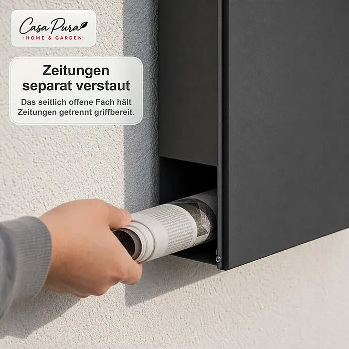 Floordirekt Wandbriefkasten Pascal - L x B x H: 10,5 x 37 x 37 cm, Anthrazit, Stahl, Zeitungsfach - Eine Hand steckt eine gerollte Zeitung in das separate Fach eines dunkelgrauen Wandbriefkastens.