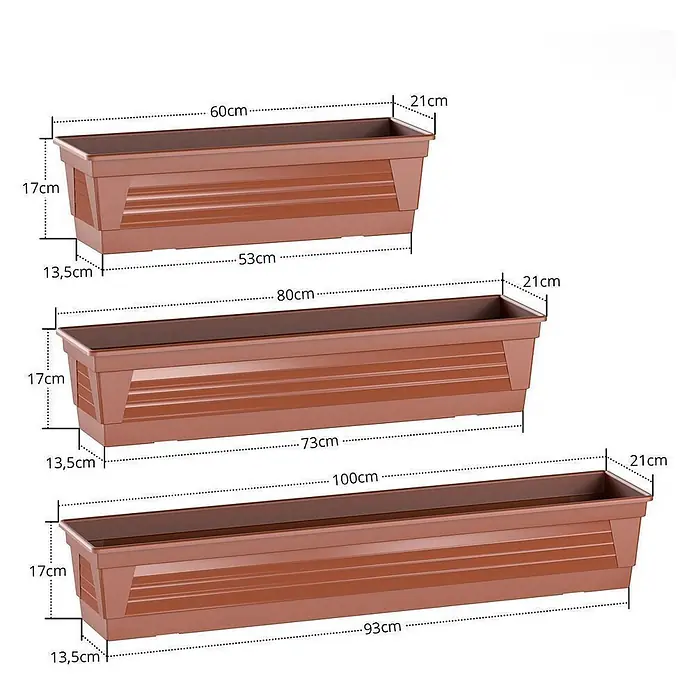 Plastard Pflanzkasten 3er Set 60 cm Terrakotta, Pflanzkasten, Balkonkasten - 3 Stk., Außenmaß (L x B x H): 60 x 21 x 17 cm, Kunststoff, Terrakotta - Set aus drei braunen Kunststoff-Pflanzkästen mit Abmessungen.
