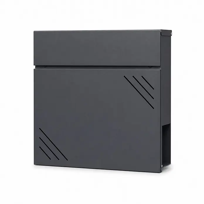 Floordirekt Wandbriefkasten Lucien - L x B x H: 10,5 x 37 x 37 cm, Anthrazit, Stahl, Zeitungsfach - Moderne dunkelgraue Metall-Briefkasten mit diagonalen Designelementen.