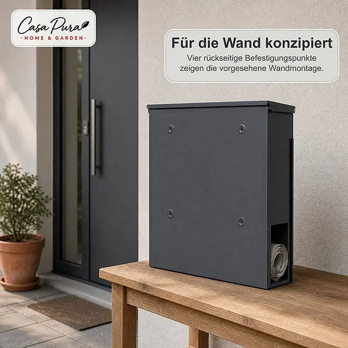 Floordirekt Wandbriefkasten Lucien - L x B x H: 10,5 x 37 x 37 cm, Anthrazit, Stahl, Zeitungsfach - Dunkelgrauer Metallbriefkasten mit Zeitungsfach, auf einer Holzbank am Hauseingang, zur Wandmontage konzipiert.