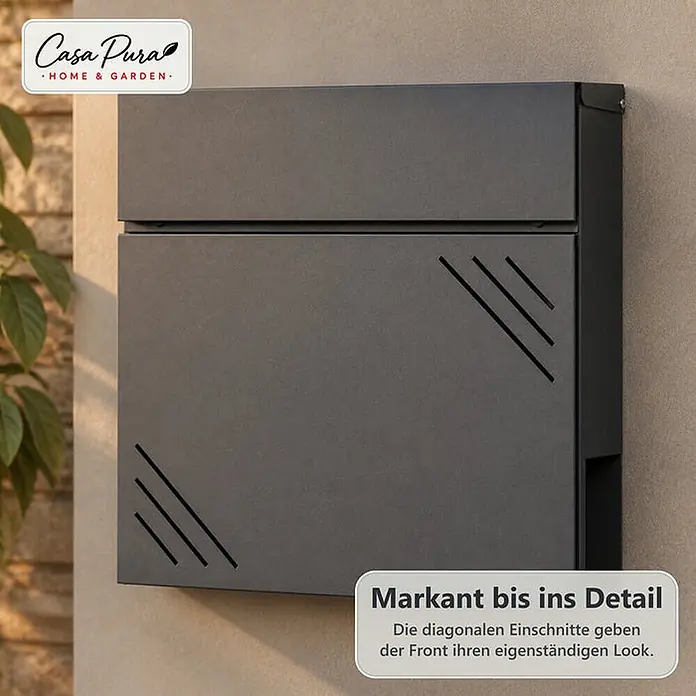 Floordirekt Wandbriefkasten Lucien - L x B x H: 10,5 x 37 x 37 cm, Anthrazit, Stahl, Zeitungsfach - Dunkelgrauer Metallbriefkasten mit markanten diagonalen Aussparungen, an einer Wand montiert.