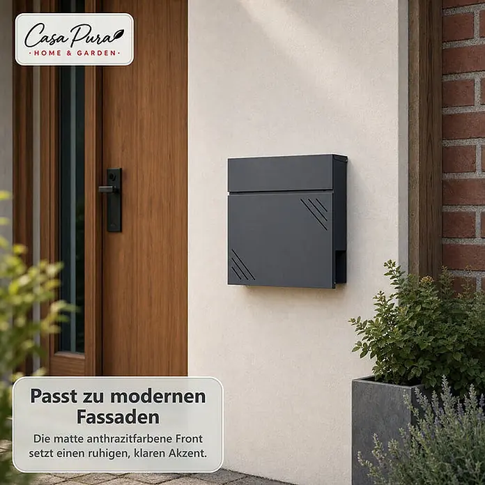 Floordirekt Wandbriefkasten Lucien - L x B x H: 10,5 x 37 x 37 cm, Anthrazit, Stahl, Zeitungsfach - Matte anthrazitfarbene Briefkasten mit diagonalen Akzenten an moderner Fassade.