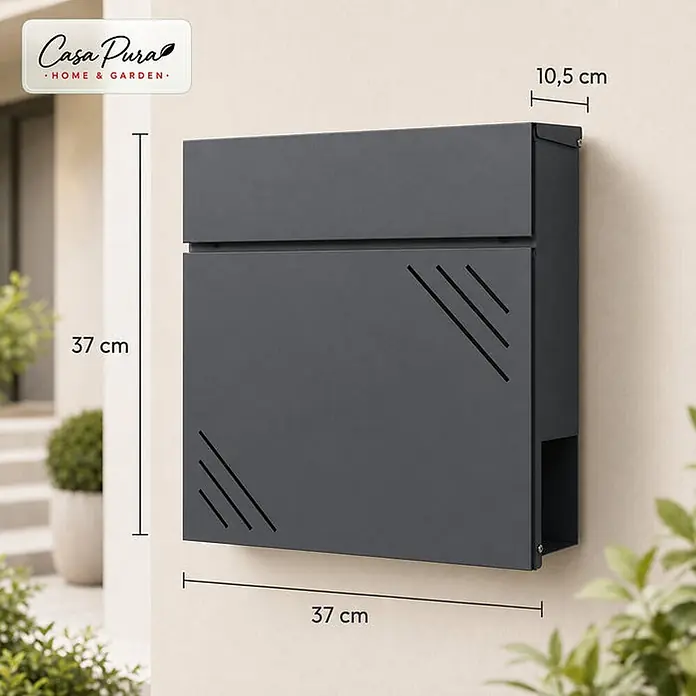 Floordirekt Wandbriefkasten Lucien - L x B x H: 10,5 x 37 x 37 cm, Anthrazit, Stahl, Zeitungsfach - Moderner anthrazitfarbener Wandbriefkasten mit diagonalen Schlitzen, Maße 37x37x10,5 cm.