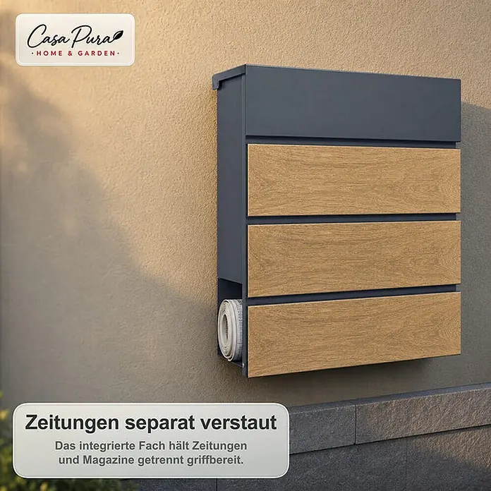 Floordirekt Wandbriefkasten Roland - L x B x H: 13 x 37 x 41 cm, Anthrazit, Stahl, Zeitungsfach - Dunkelgrauer und holzfarbener Briefkasten an strukturierter Wand, mit einer aufgerollten Zeitung im unteren Fach.