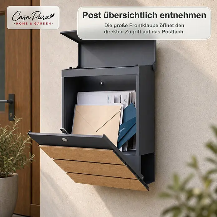 Floordirekt Wandbriefkasten Roland - L x B x H: 13 x 37 x 41 cm, Anthrazit, Stahl, Zeitungsfach - Dunkelgrauer Briefkasten mit Holzlamellen-Front, geöffnet mit Post. An einer hellen Wand montiert für leichten Zugriff.