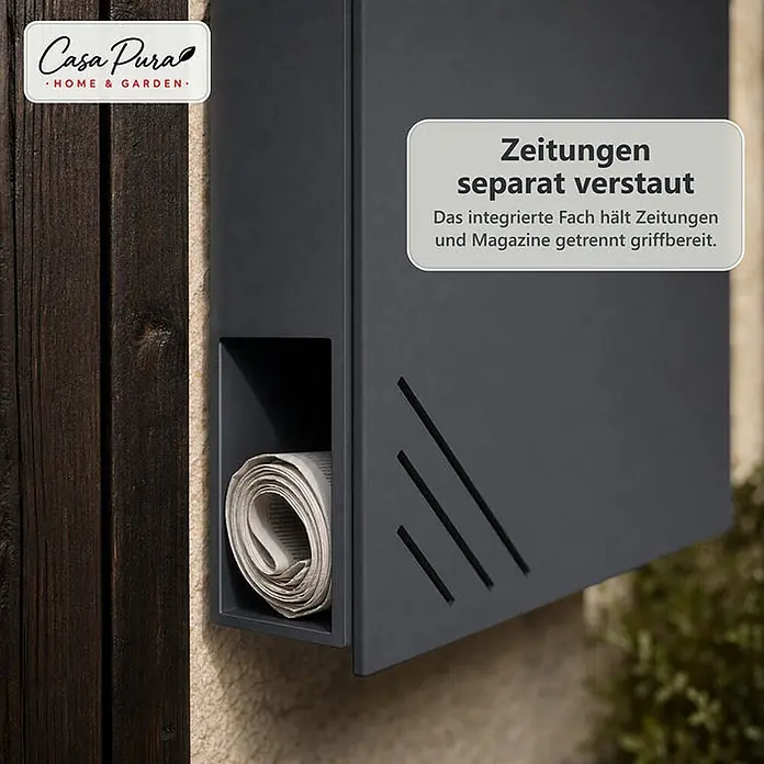 Floordirekt Wandbriefkasten Lucien - L x B x H: 10,5 x 37 x 37 cm, Anthrazit, Stahl, Zeitungsfach - Anthrazitfarbener Briefkasten mit integriertem Zeitungsfach, eine gerollte Zeitung haltend, an der Wand montiert.