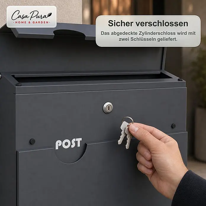 Floordirekt Wandbriefkasten Albert - L x B x H: 10,5 x 37 x 37 cm, Anthrazit, Stahl, Zeitungsfach - Dunkelgrauer Briefkasten mit POST-Aufschrift, ein Schlüssel wird in das Zylinderschloss gesteckt.